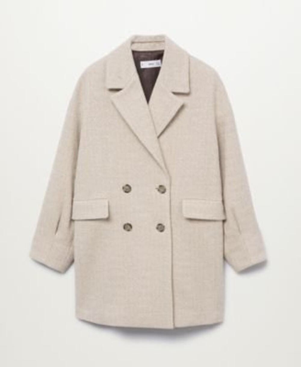 MNG (Mango) Wool-Blend Double-Breasted Oversized Herringbone Coat in Beige, Sm